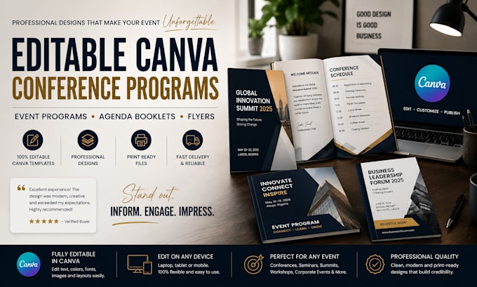 design editable canva conference programs and agenda booklets