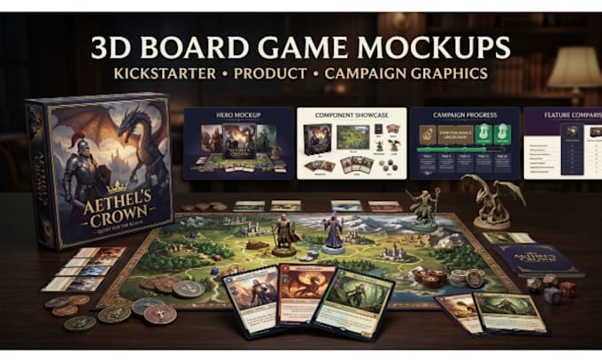 create 3d board game mockups and kickstarter graphics