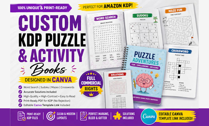 create custom puzzle book interior designs or activity books for amazon KDP