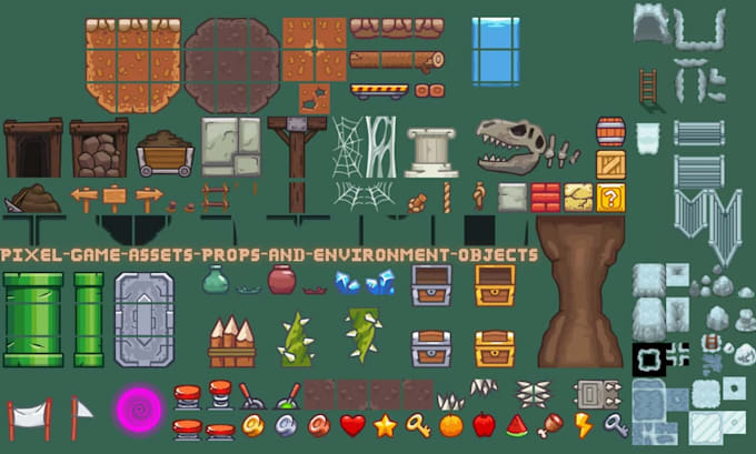 create pixel game assets, props and environment objects, pixel game art, weapon
