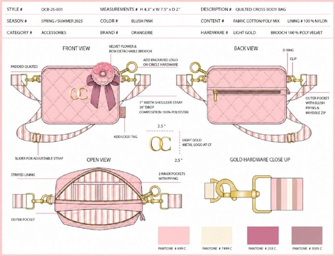 design a fashion handbag, bag, or backpack tech pack