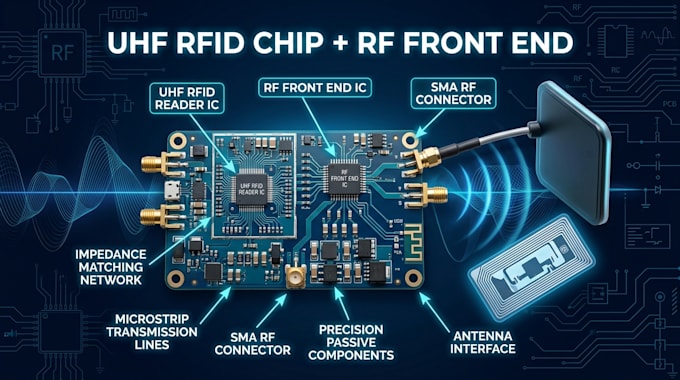 integrate uhf rfid chip, rf front end, antenna, reader and matching network