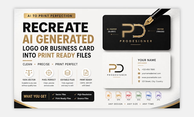 redesign ai generated logo, business card to vector, print ready