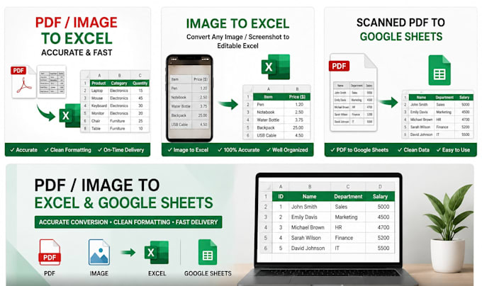 convert PDF or images to excel and google sheets