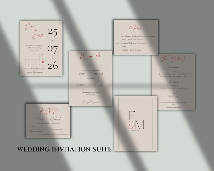 design an elegant wedding invitation suite with save the date
