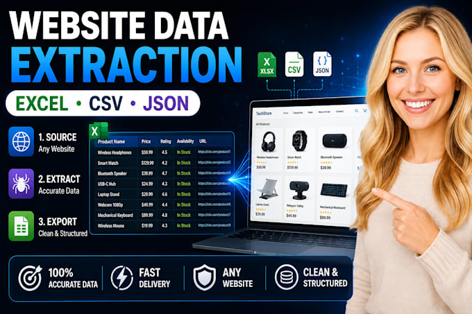 extract website data into excel, CSV or json