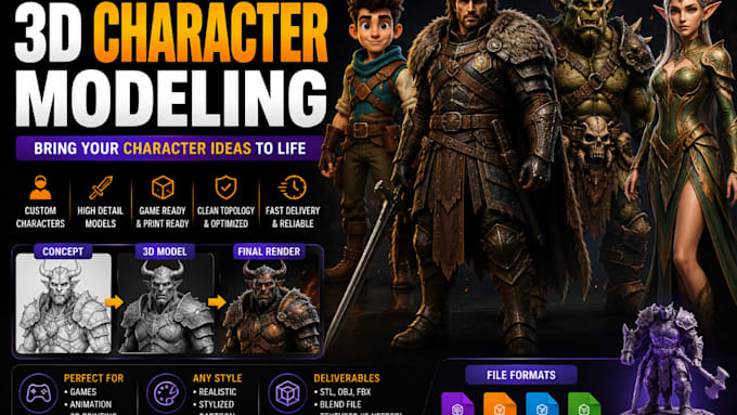 create custom 3d character models for games and 3d printing