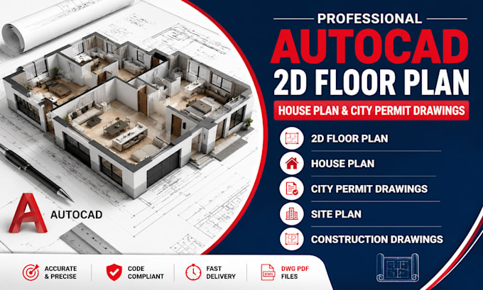 create autocad 2d floor plan, house plan and city permit drawing