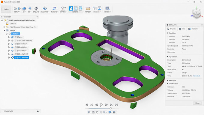 program cnc toolpath, g code and 3 axis for plastic product in fusion 360
