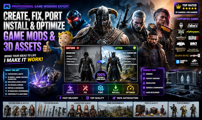 create, fix, port and install skyrim, fallout 4 mods, armor, weapons and 3d game