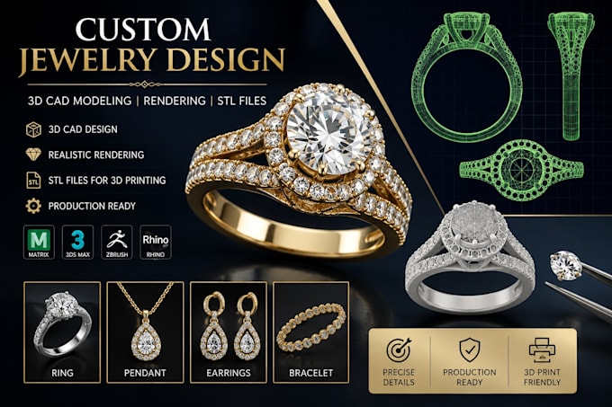 create custom jewelry design 3d cad modeling, rendering stl and production files