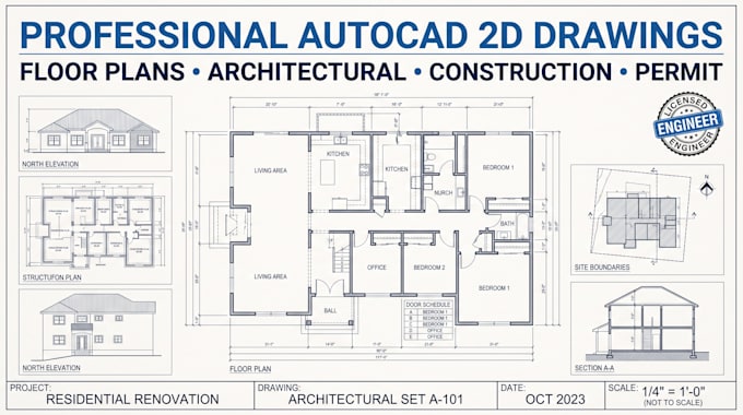 do autocad 2d drawings, floor plans, construction plans, architectural plans