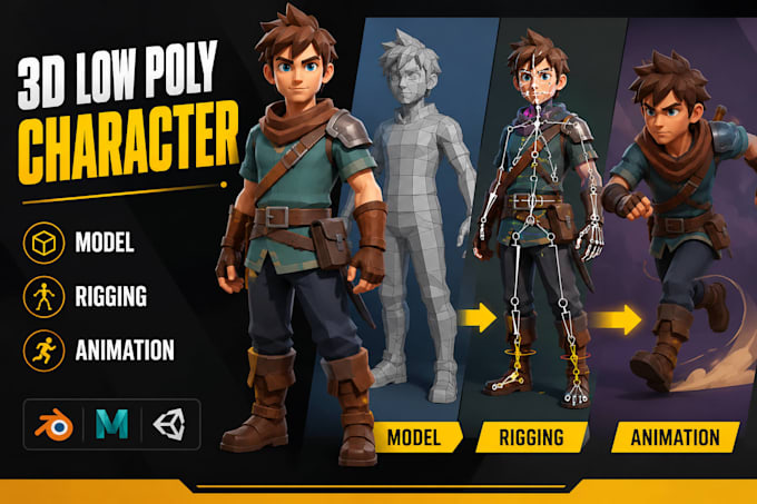 create 3d low poly character models, rigging, animation and rigging for games