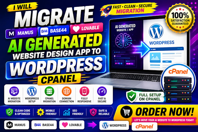 migrate manus base44 lovable ai generated website design app to wordpress cpanel