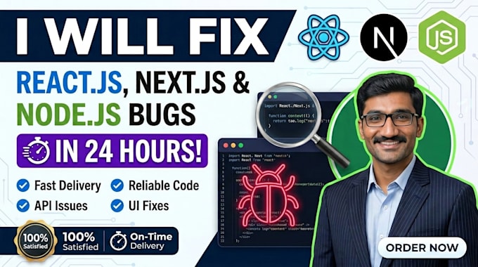 fix react, next js and node js bugs in 24 hours