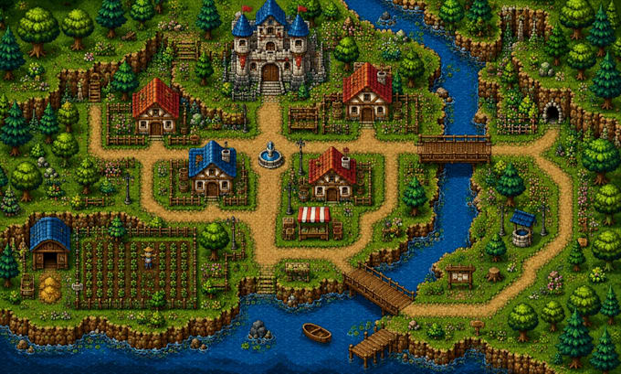 create pixel art top down maps, tilemaps for rpg maker and godot games 2d assets