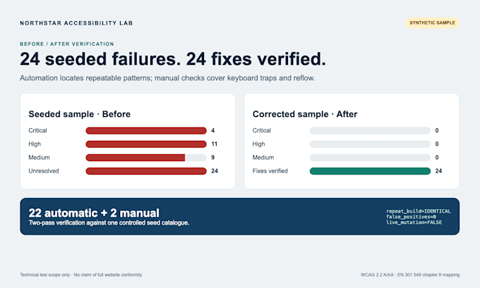 do a technical wcag 22 and en 301 549 accessibility audit with evidence