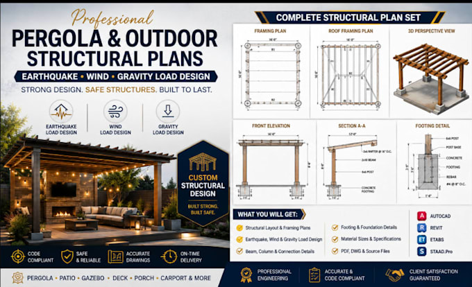 design earthquake, wind and gravity load pergola and outdoor structural plans