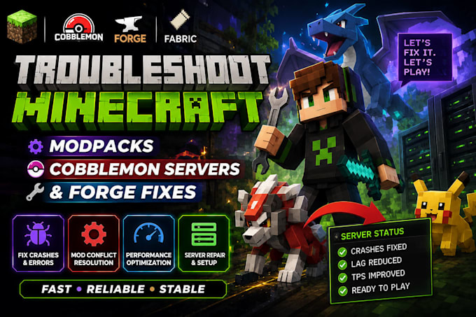 troubleshoot minecraft modpacks, repair cobblemon servers, and fix forge