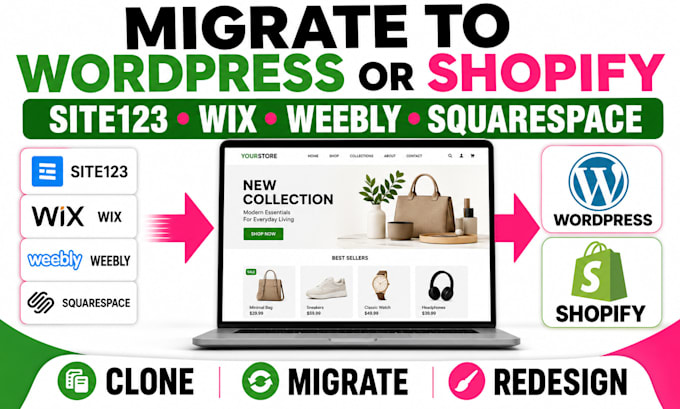clone site123 weebly wix squarespace to wordpress or shopify full store design