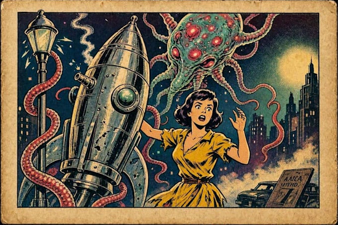 create vintage comic, horror and sci fi art
