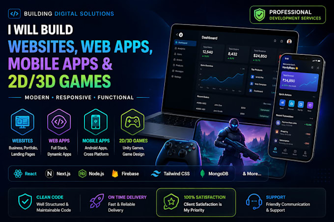 build websites, web apps, mobile apps and 2d 3d games