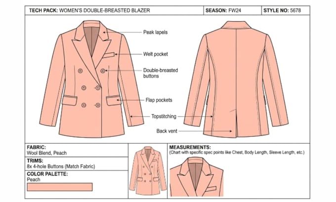design blazer and tailored jacket tech pack with flat sketch for manufacturer