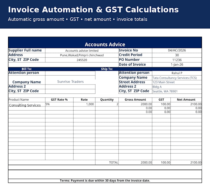 create an automated excel invoice system with gst calculations