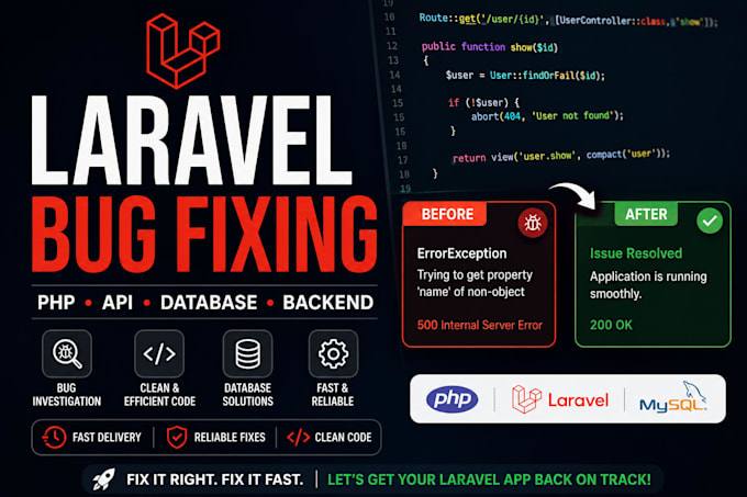 fix laravel PHP bugs, errors, and backend issues