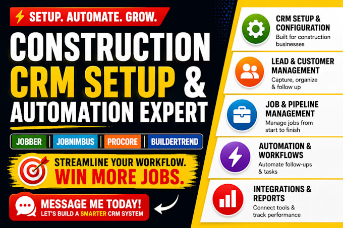 setup construction CRM jobber jobnimbus procore buildertrend automation