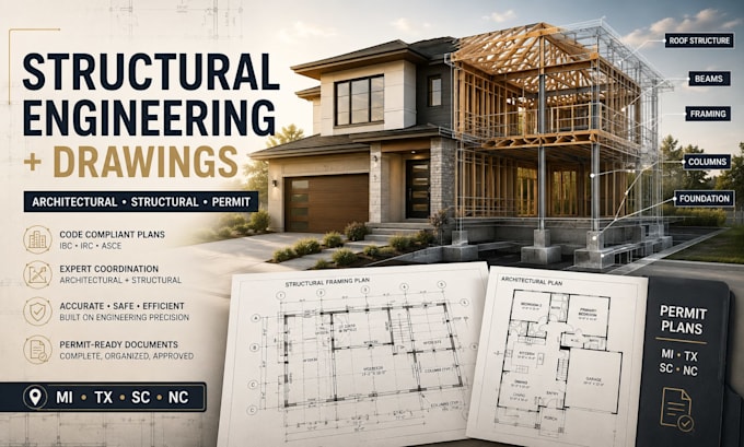 structural engineer, architectural drawing for michigan, texas, sc, nc permit