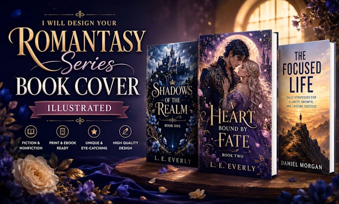 design your romantasy series book cover, illustrated