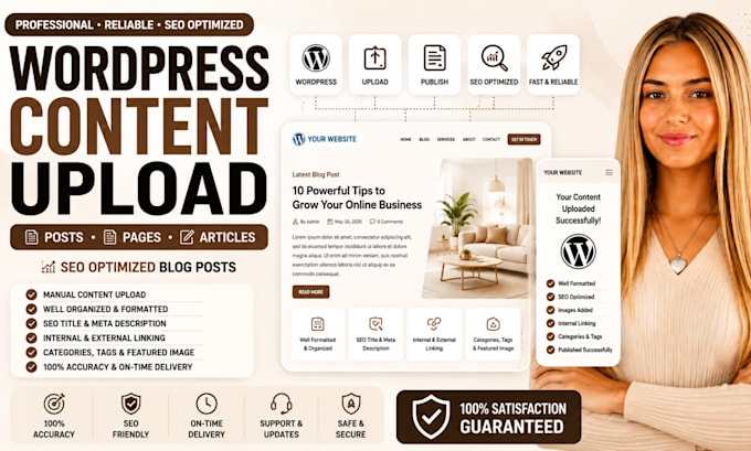 do wordpress content upload posts, pages, articles, SEO optimized blog posts