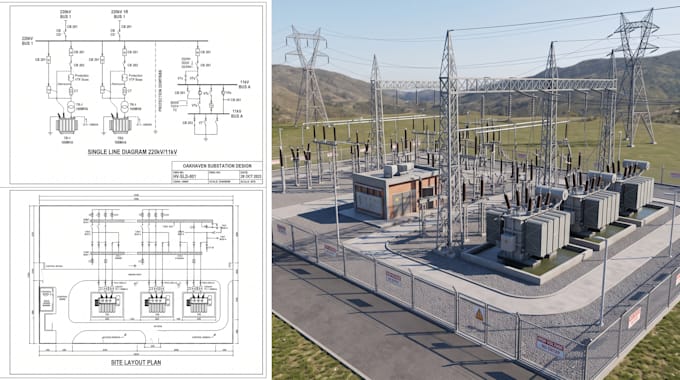 do high voltage electrical design, substation design, 3d rendering, 2d drawing