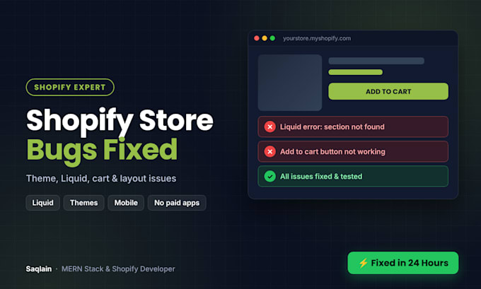 fix shopify theme errors, liquid bugs and store issues