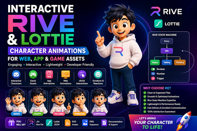create interactive rive animations lottie character for web, app, game assets