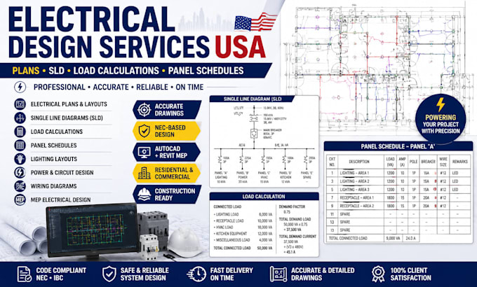design electrical plans sld load calculations and panel schedules USA