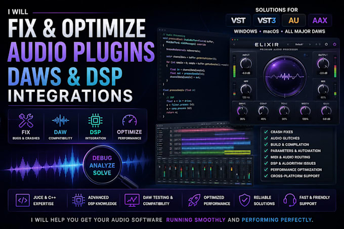 fix audio plugins, daws, dsp issues and juce, do c plus plus integrations