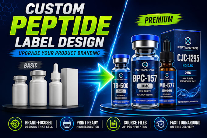 design custom supplement and peptide vial label with 3d mockup