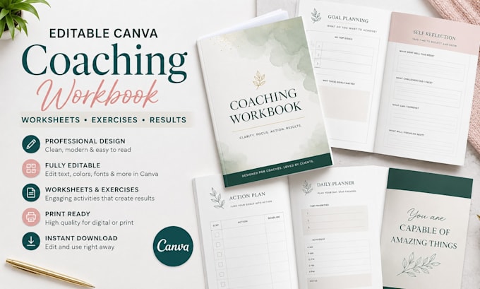 design an editable canva coaching workbook with worksheets and exercises