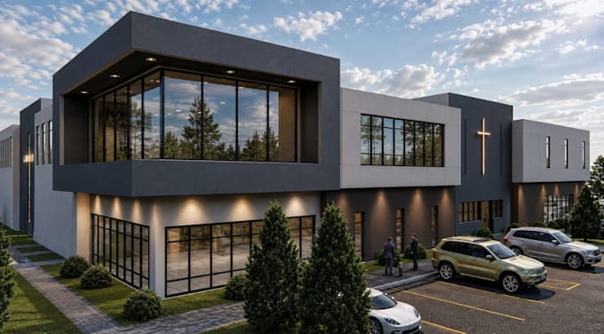 render 3d mixed use building,parking lot,contemporary design,cgi facade exterior