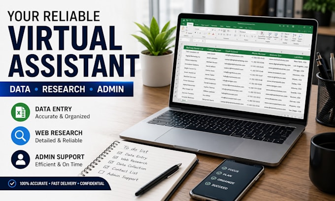 be your virtual assistant for data entry webresearch and admin tasks