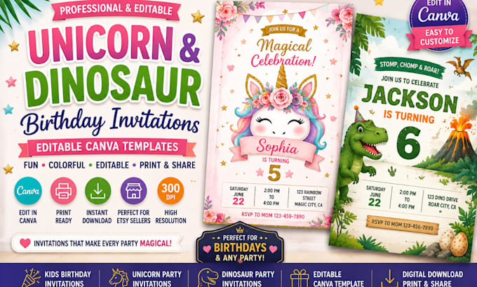 create unicorn and dinosaur birthday invitations, editable canva, party template