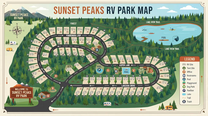 draw rv park map and campground map in vector illustrator