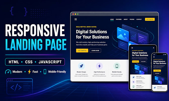 build a responsive landing page with HTML CSS and javascript