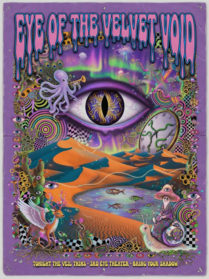create a cartoon psychedelic and surreal illustration
