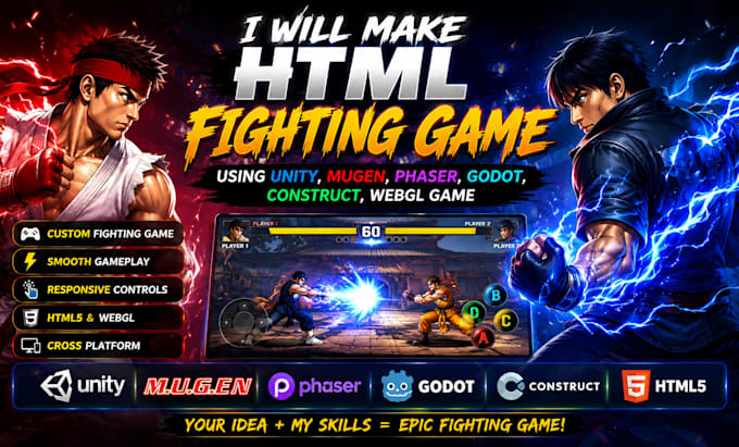 make html fighting game using unity, mugen, phaser, godot, construct, webgl game