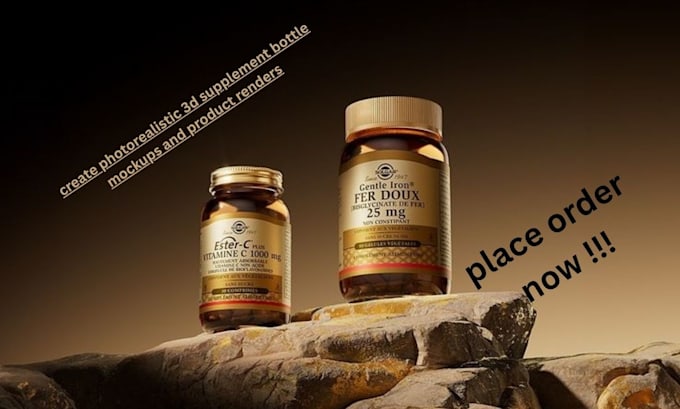 create photorealistic 3d supplement bottle mockups and product renders