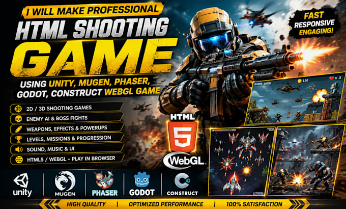 make html shooting game using unity, mugen, phaser, godot, construct webgl game