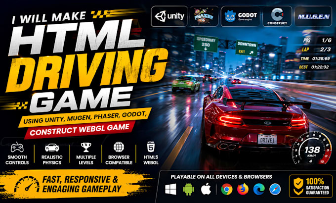 make html driving game using unity, mugen, phaser, godot, construct, webgl game